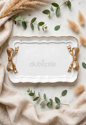 White serving tray with gold bow handles