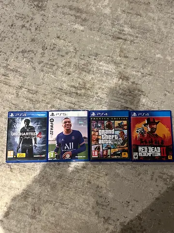 4 PS4 Games Bundle — Uncharted 4, FIFA 22 (PS5), GTA V Premium, Red Dead Redemption II