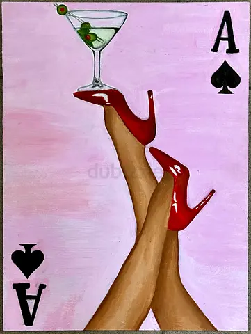 Hand-Painted Ace of Spades Canvas - Pinup Legs with Martini (Original Artwork)