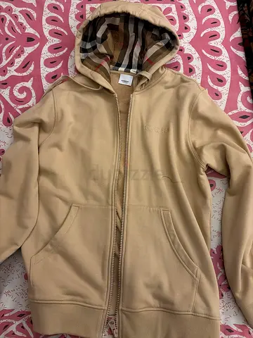Burberry, Beige zip-up hoodie with checked hood lining, size M