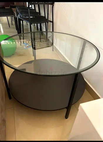 Round Glass Top Coffee Table with Lower Shelf - Black Frame