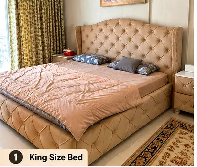 Beige King Size Bed + Bedroom Set (dresser, bedside tables, TV cabinet, chest, study table)