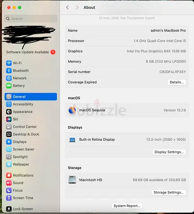 Apple MacBook Pro 13-inch (2020) - 1.4GHz i5, 8GB RAM, 250GB SSD,