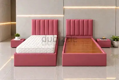 Pink Upholstered Single Beds with Headboards and mattress