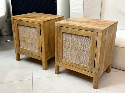 Pair of Solid Wood Bedside Tables with Rattan Doors