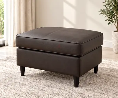 Dark Brown Leather Ottoman Footstool with Wood Legs