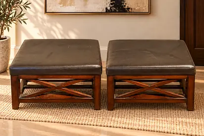 Pair of Wooden Ottoman with Leather Top - Pouf