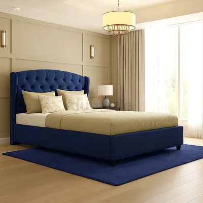 Blue Upholstered King Size Bed with Tufted Headboard