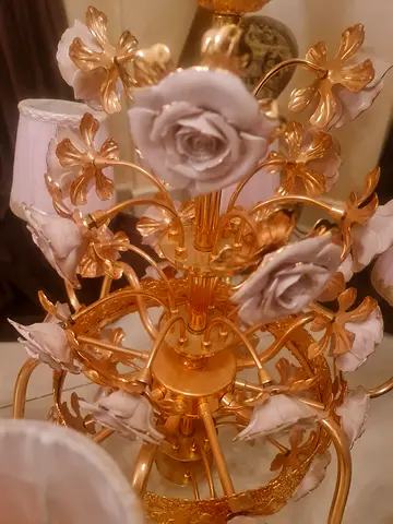 Vintage Floral 6-Arm Brass Chandelier with Pink Rose Shades