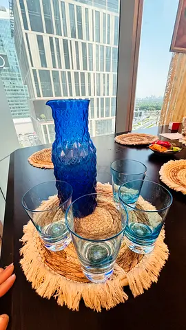ITALY Blue Glass Pitcher with 4 Matching Tumblers - Good Condition