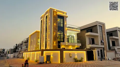 Luxury corner villa for sale in Ajman | Two floors + roof | Private swimming pool | Distinctive design and high-end finishes | Freehold ownership for
