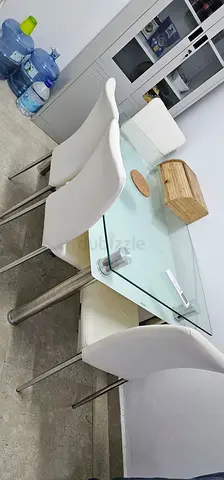 Glass Top Dining Table with 4 White Chairs - Modern, Good Condition