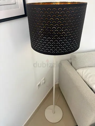 White floor lamp with brown /gold patterned shade