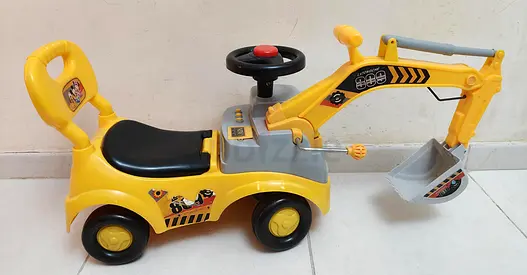 Kids Ride-On Excavator Digger Toy with Moving Arm and Convenient under-seat storage space.