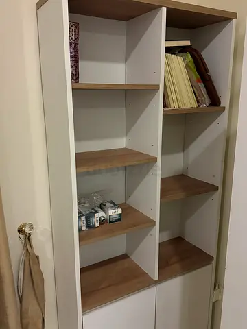 White and wood wall-mounted shelving unit / bookcase - good condition