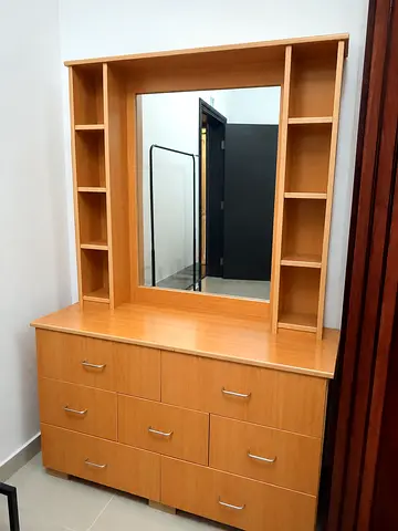 Light wood dresser with mirror and side shelves - good condition
