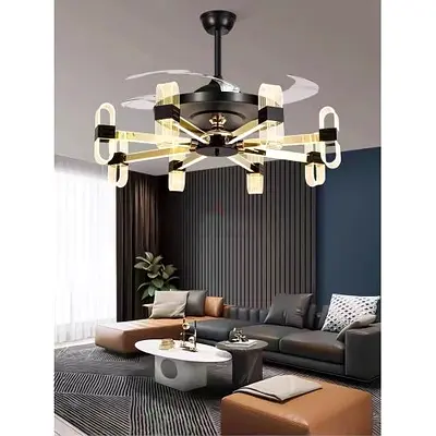 modern black and gold multi-arm LED ceiling fan with cylindrical glass or acrylic shades