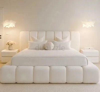 Modern Upholstered King size Bed with Padded Headboard in Cream with Mattress