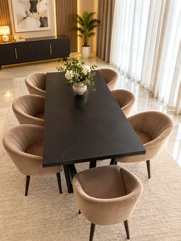 Modern black marble dining table with 8 chairs
