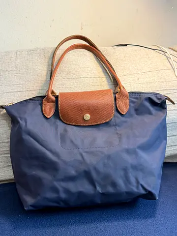 Longchamp original Navy Blue Nylon Tote Bag with Brown Leather Trim