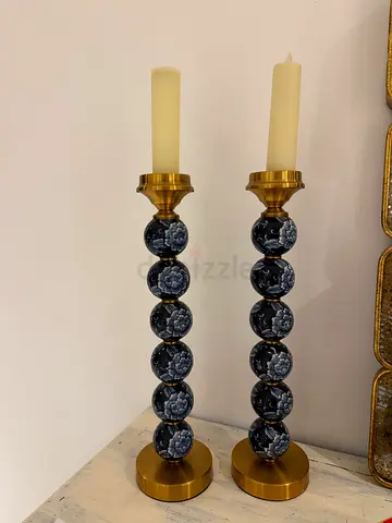 Pair of Decorative Brass & Black Floral Candlesticks (Set of 2)