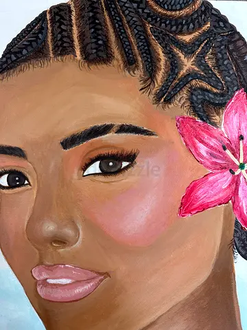 Original Portrait Painting of Woman with Braids and Pink Flower