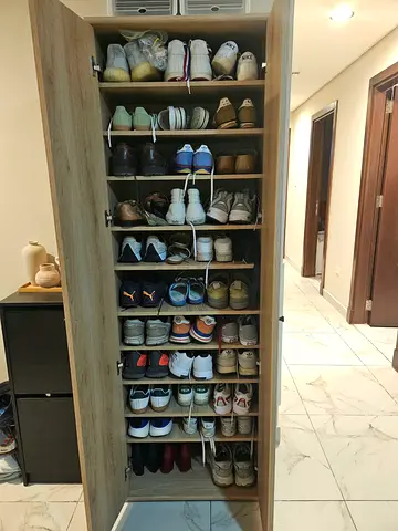 Slim Oak Shoe Cabinet - Tall Multi-Shelf Storage (Good Condition)