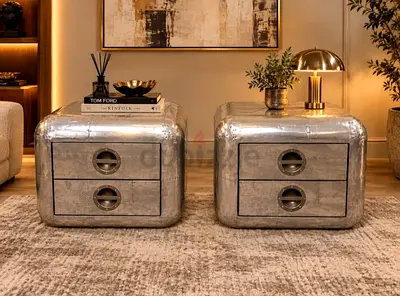 Timothy Oulton Pair of Vintage Industrial Metal Bedside Tables / Nightstands