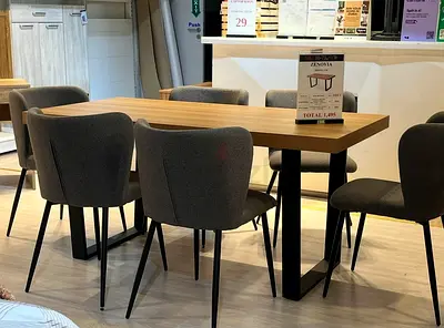 Solid Wood Top Dining Table with 6 Grey Upholstered Chairs - Modern Set
