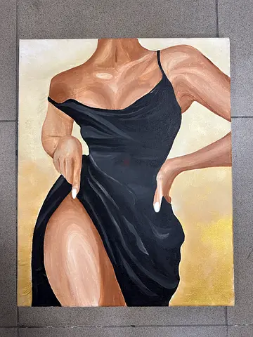 Original Figurative Painting of Woman in Black Dress on Canvas