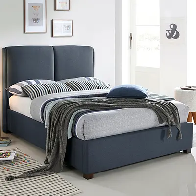 Dark legs split cushion headboard double bed