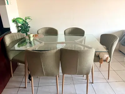 Glass Top Dining Table with 6 Upholstered Chairs - Light Green (chair need fabric cleaning ?)