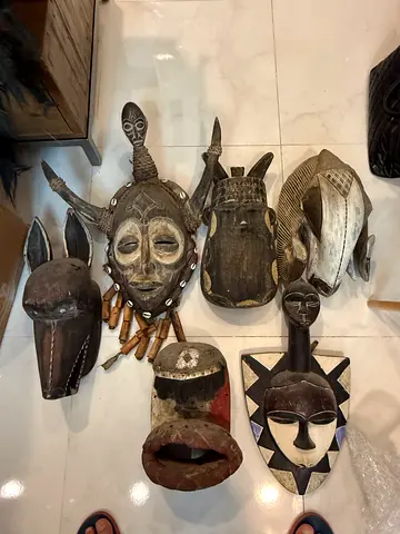 Collection of 7 African Tribal Masks and Drum - Vintage Wooden Hand-Carved