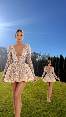 ALBINA DYLA bridal dress - Gold sequin long-sleeve mini party dress with deep V neckline