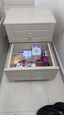 Heavy duty premium quality wood bedside table with two drawers - good condition