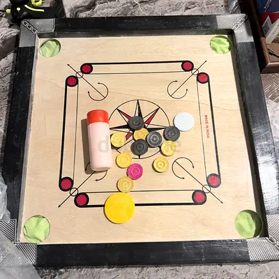 Used Wooden Carrom Board with Striker & Coins - Good Condition