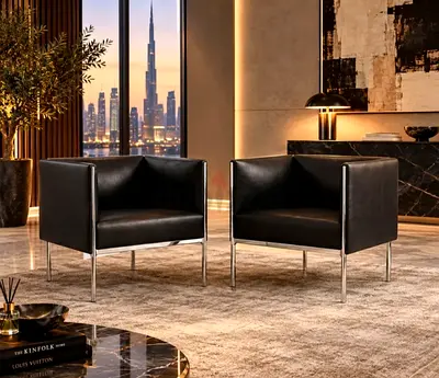 CASANOVA Pair of Modern Black Leather Armchairs with Chrome Legs