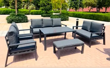 Outdoor 9-seater Dark Grey Aluminum Patio Sofa Set with Big Table