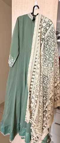 Light Sage Green Embroidered Anarkali Dress with Ivory Dupatta