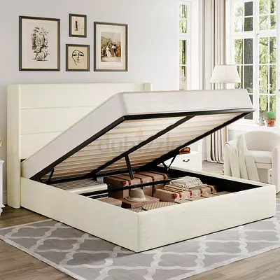 Wingback beige fabric king hydraulic bed