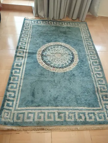 Light blue decorative rug with medallion pattern - good condition