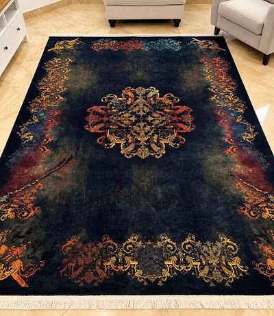 Dark Blue Oriental-Style Area Rug with Central Medallion (Good Condition)