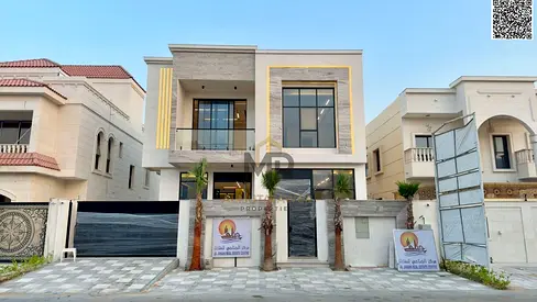 Villa (with a swimming pool) for sale in Ajman, Al Zahia area. Features 5 bedrooms, a majlis, 2 living areas, and a rooftop terrace. Available for fre