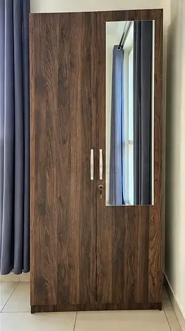 Two-door wardrobe with mirror - dark wood finish, good condition