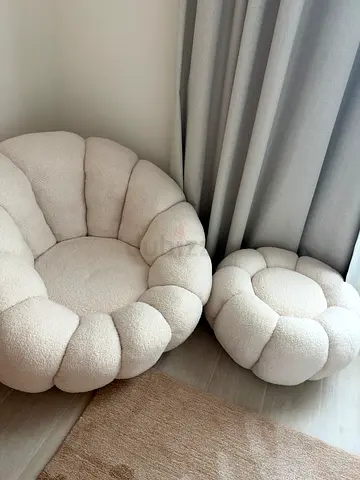 Cream Bouclé Flower Petal Lounge Chair & Matching Footstool Set