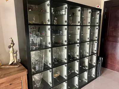 Large Black Glass Display Cabinet with 25 Glass-Door Compartments