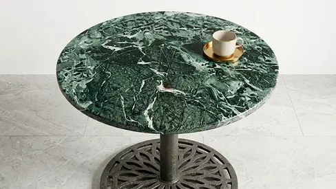 Round Green Marble Top Bistro Table with Decorative Metal Base with free 2 plastic chairs