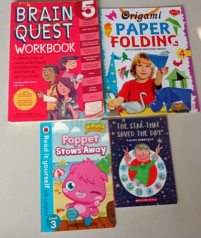 Set of 4 kids activity & story books — Brain Quest, Origami, Poppet and Star That Saved the Day