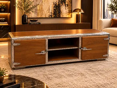 Marina Timothy Oulton Vintage Industrial Wooden TV Cabinet / Coffee Table with Metal Trim