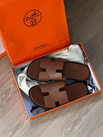 Hermès Oran Brown Leather Slide Sandals - Size Noted in Box